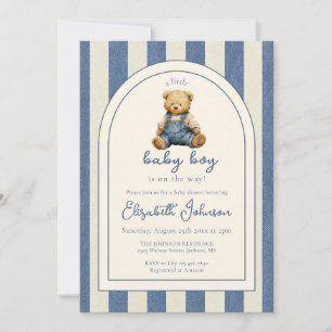 Blauer Jeans-Teddybär QR-Code Jungen-Baby-Party Einladung