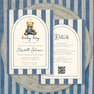 Blauer Jeans-Teddybär QR-Code Jungen-Baby-Party Einladung
