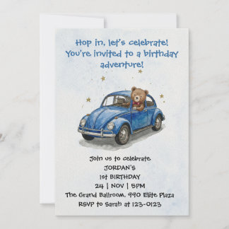 Blauer Junge Aquarell-Teddybär fährt Auto Einladung