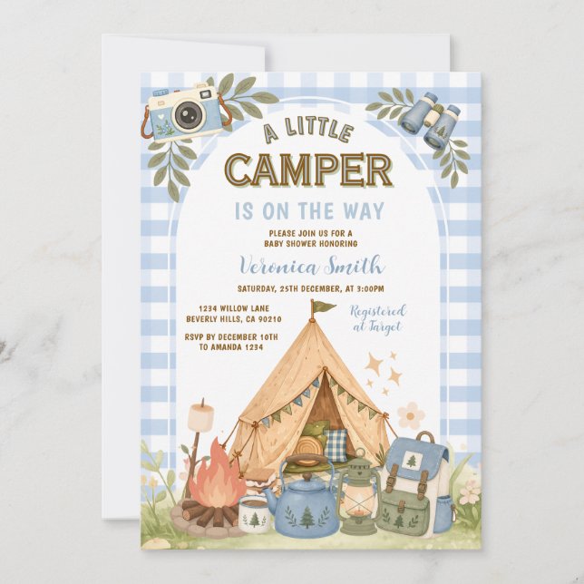 Blauer Junge Gingham Camping Jungen Dusche  Einladung (Vorderseite)