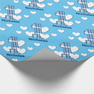 BLAUER KARIERTER 1. Geburtstags-individueller Name Geschenkpapier