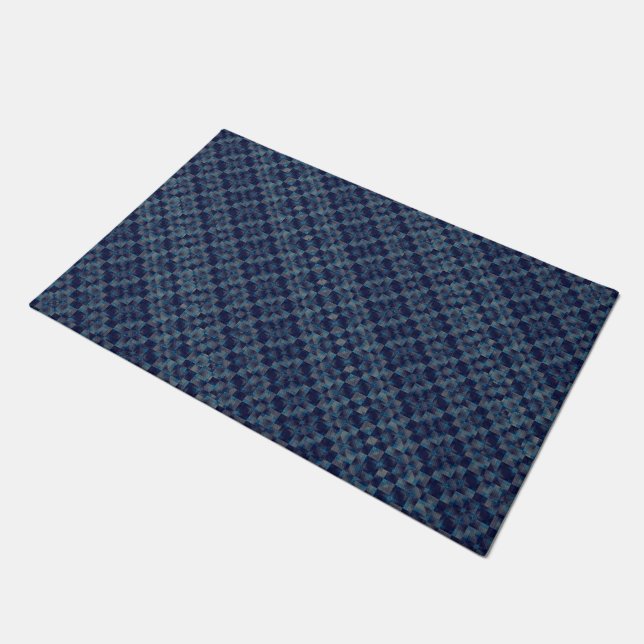 Blauer, karierter Overlay mit Leinwand Fußmatte (Schrägansicht)