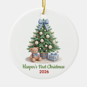 Blauer Karierter Teddybär Monogramm Baby Weihnacht Keramik Ornament