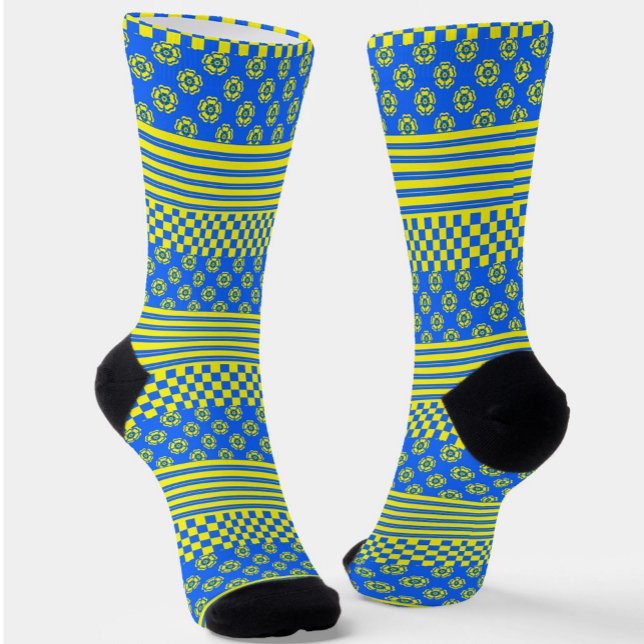 Blauer Karo Gelber Boho Streifen Muster Socken (Von Creator hochgeladen)