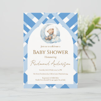 Blauer Karo Junge Baby Shower Bär Einladung