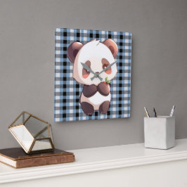 Blauer Karo-Panda Quadratische Wanduhr