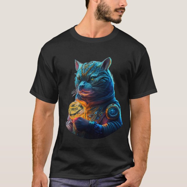 Blauer Katze Astronaut hält Glühmodul T-Shirt (Vorderseite)