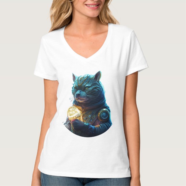 Blauer Katze Astronaut hält Glühmodul T-Shirt (Vorderseite)