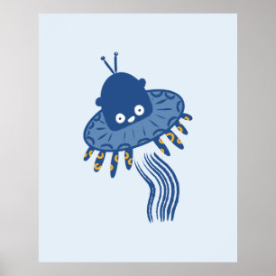 Blauer Kawaii-Oktopus-UFO Poster