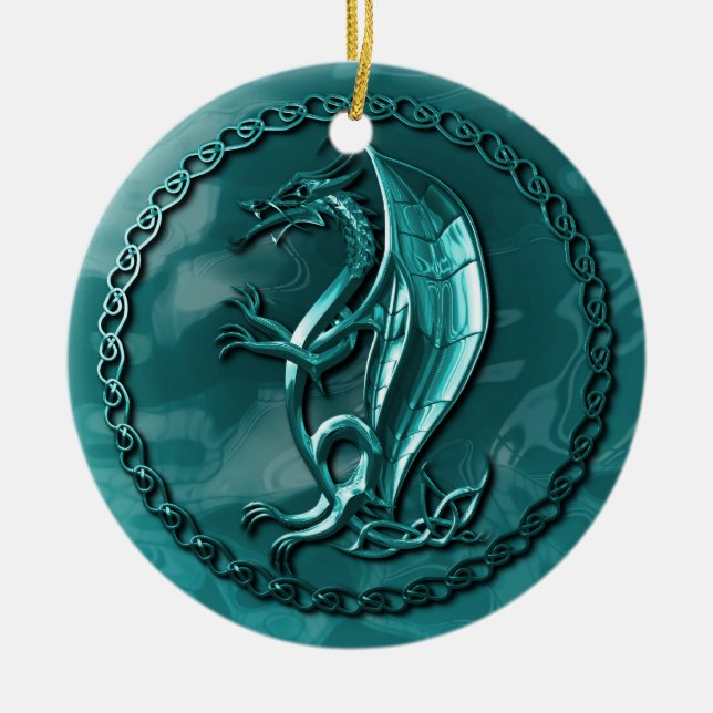 Blauer keltischer Drache Keramikornament (Vorne)
