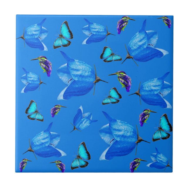 Blauer Kingfisher Schmetterlinge und Glocken-Blume Fliese (Vorderseite)