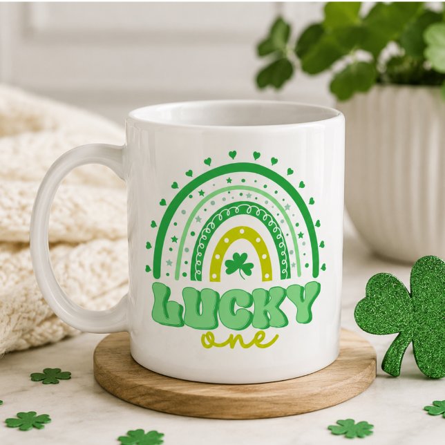 Blauer Klee und Regenbogen Lucky Eins Geburtstag Kaffeetasse (Blue Clover & Rainbow Lucky One First Birthday Coffee Mug)