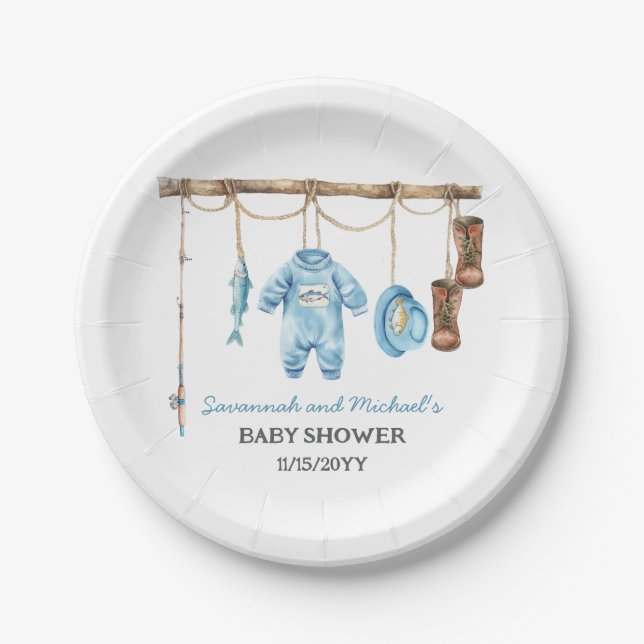 Blauer kleiner Fischer-Baby-Party Pappteller (Vorderseite)