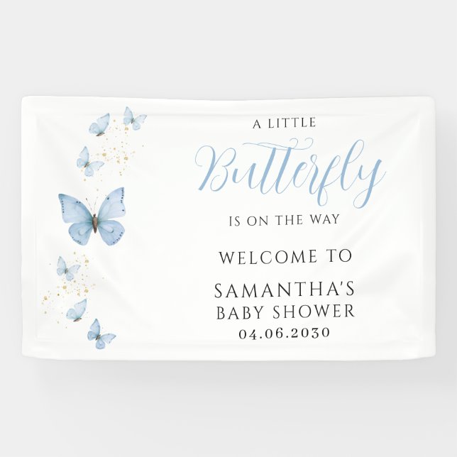 Blauer kleiner Schmetterlingsjunge Baby-Party Banner (Horizontal)