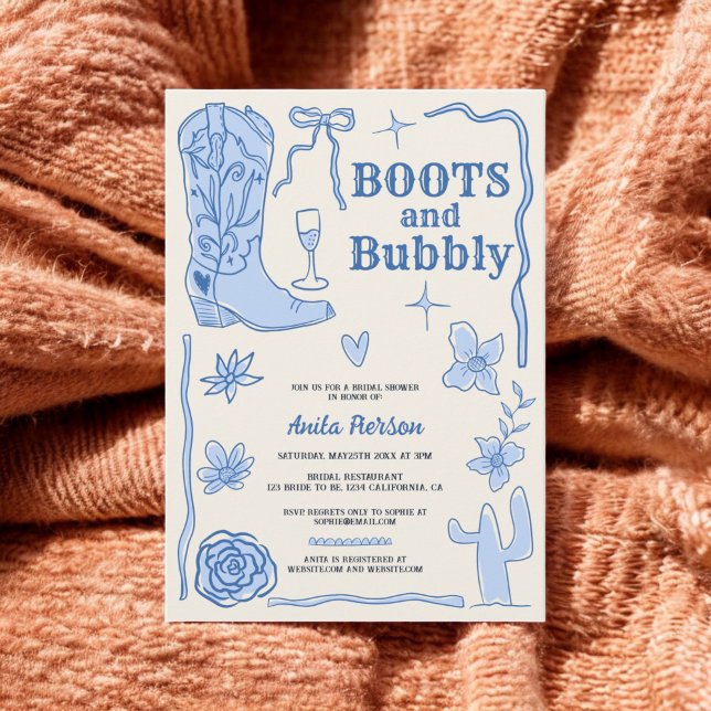 Blauer Kniebeutel sticht blubbly Brautparty Einladung (Blue scribbles boots bubbly bridal shower invitation)