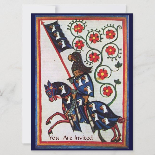 BLAUER KNIGHT AUF DEM HORSEBACK MEDIEVAL PARCHING EINLADUNG (Vorderseite)