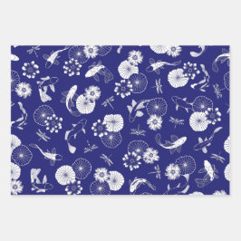 Blauer Koi-Fisch im Lotus-Teich-Muster Geschenkpapier Set