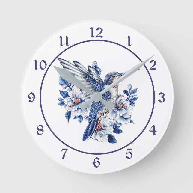 Blauer Kolibri Blumenmuster Runde Wanduhr (Vorderseite)