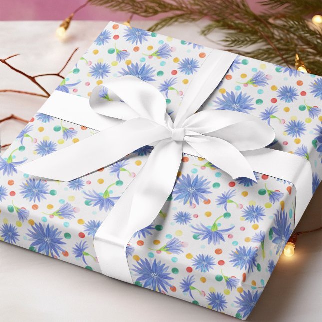 Blauer Kornblumen Multicfarbene Punkte Ostern Geschenkpapier (Von Creator hochgeladen)