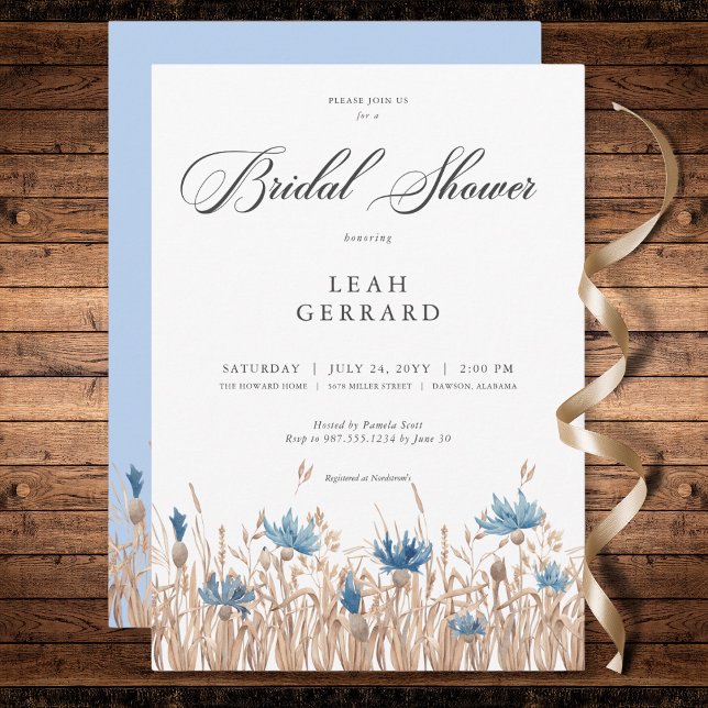 Blauer Kornblumen und Brautparty für Weizenfelder Einladung (Blue Cornflowers & Wheat Field Bridal Shower Invitation)
