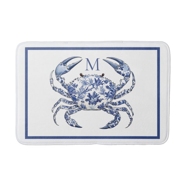 Blauer-Krabben-Küstennautik-Monogramm Badematte (Vorderseite)
