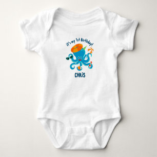 Blauer Krake unter dem Meer Jungen-Geburtstagsfeie Baby Strampler