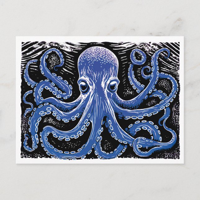 Blauer Kraken Linocut im Ozean Postkarte (Vorderseite)