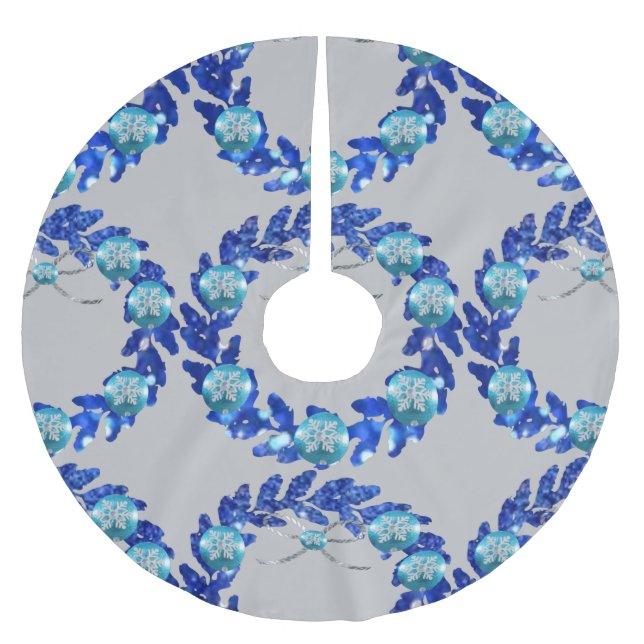 Blauer Kranz- und Troddelmuster-Baumschürze Polyester Weihnachtsbaumdecke (Vorderseite)