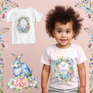 Blauer Kraut Rabbit Pink Blume 1. Osterfeier Baby T-shirt