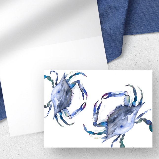 Blauer Krebskarte mit Wasserfarben - Blank im Inne Dankeskarte (Watercolor crab folded notecard in shades of blue by Victoria Grigaliunas of Do Tell A Belle)