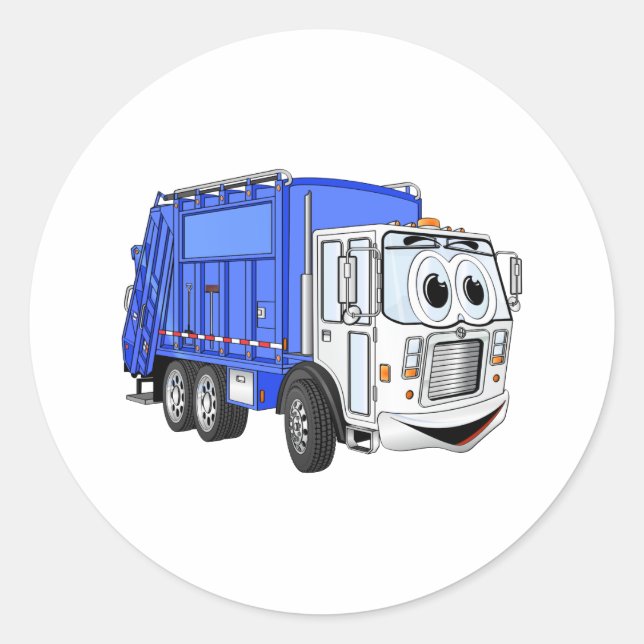 Blauer Lächelnder Cartoon Garbage Truck Runder Aufkleber (Vorderseite)