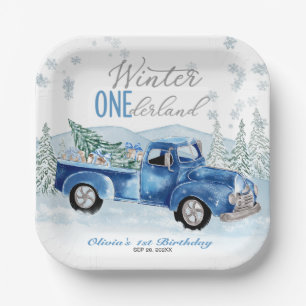 Blauer Lastwagen Winter Onederland Junge Erster Ge Pappteller