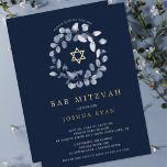 Blauer Leaf Bat Mitsvah Foil Einladung<br><div class="desc">Schöne Bar Mitzvah-Einladungen mit einem weichen blauen Blattkranz und Star of David Set auf einem dunkelmeerblauen Hintergrund. Dreh unsere Einladung,  um einen koordinierenden Rücken für eine besondere Touch zu sehen. Besuchen Sie unseren Shop,  um unsere Bar Mitzvah Kollektion zu sehen.</div>