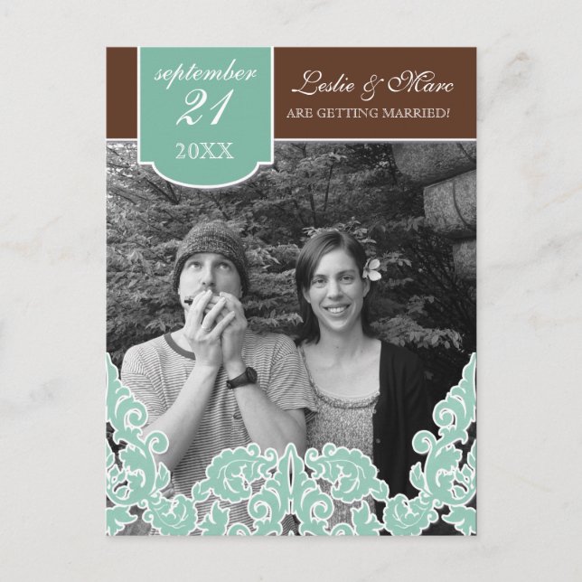 Blauer Leaf Swirl Damask 2 Save the Date Ankündigungspostkarte (Vorderseite)