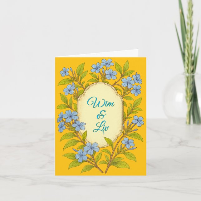 Blauer Leinen rustikale Hochzeit im Blumenstil Einladung (Vorderseite)