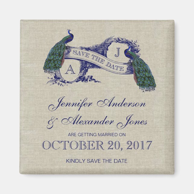 Blauer Leinenpfau Save the Date Magnet (Vorne)
