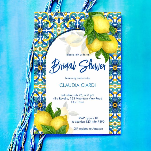 Blauer Lemon Amalfi Positano Brautparty Einladung (Blue tiles lemon Amalfi Positano bridal shower Invitation editable template digital download)