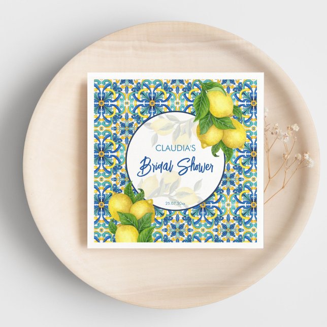 Blauer Lemon Amalfi Positano Brautparty Serviette (Blue tiles lemon Amalfi Positano bridal shower Napkins personalized tableware Mediterranean themed)