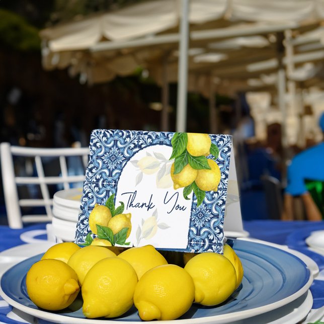 Blauer Lemon Amalfi Positano Italienisch Dankeskarte (Blue tiles lemon Amalfi Positano Italian Thank You Card Mediterranean themed wedding bridal shower)