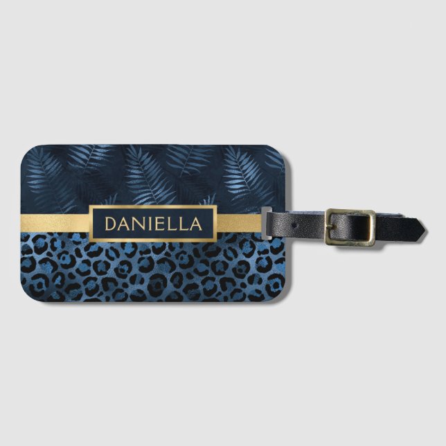 Blauer Leopard Print Shimmer Tropenflorname Gepäckanhänger (Vorderseite (Horizontal))
