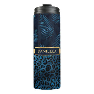 Blauer Leopard Print Shimmer Tropenflorname Thermosbecher