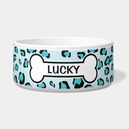 Blauer Leopardendruck Zeichnend mit Knochen und Na Napf