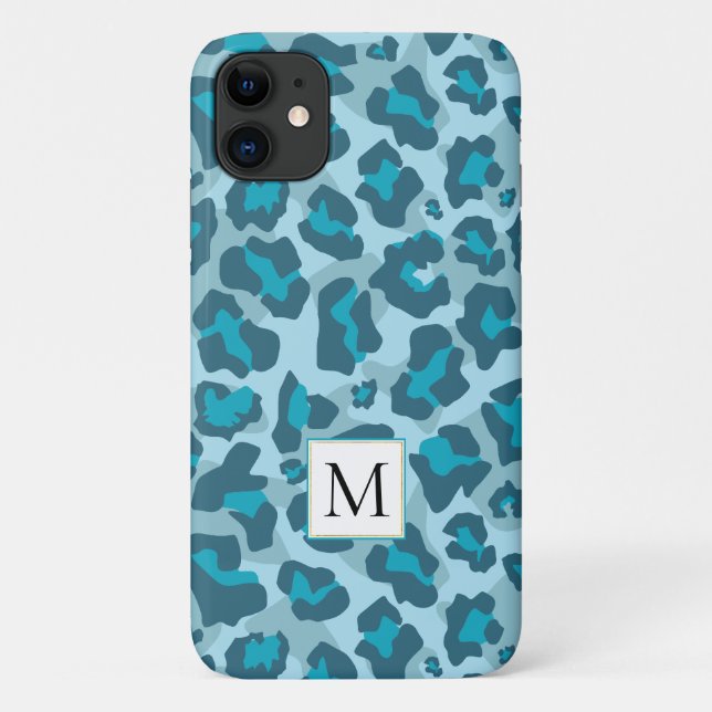 Blauer Leopardenprint und Monogramm Case-Mate iPhone Hülle (Rückseite)