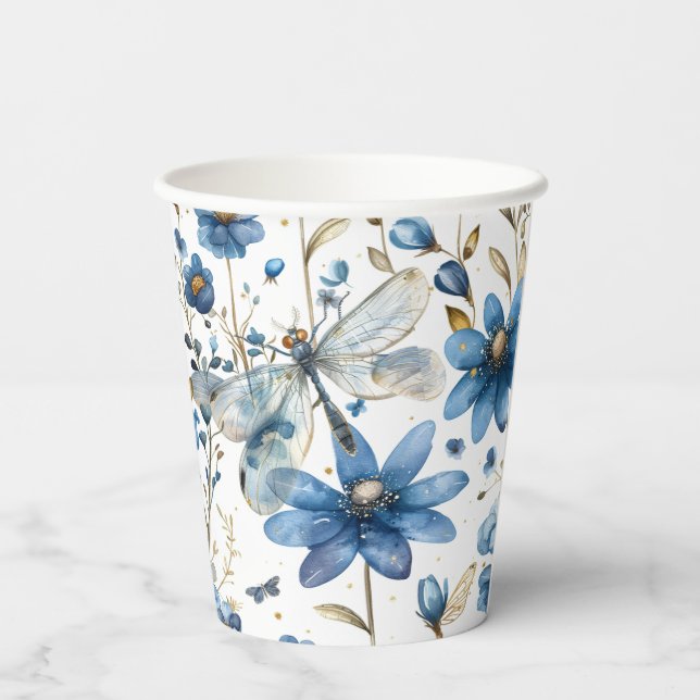 Blauer Libelle und Blume Blumenpapier Party Cups Pappbecher (Rückseite)