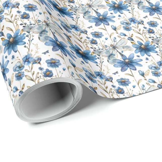 Blauer Libellen- und Blumen-Blumengeschenkverpacku Geschenkpapier (Rolleneckpunkt)