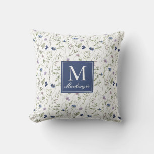 Blauer Lila Aquarell Wildblumen Monogramm Name Kissen