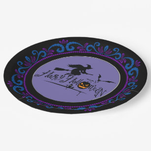 Blauer Lila Happy Halloween Hexe und Fledermäuse Pappteller