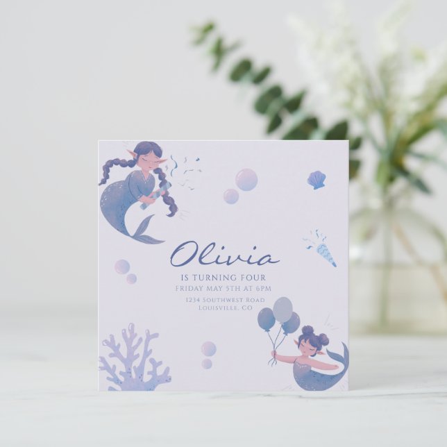 Blauer Lila Meerjungfrau-Schwanz Einladung (Stehend Vorderseite)