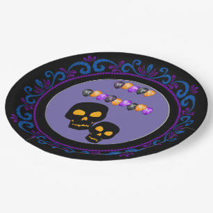 Blauer Lila Schwarzer Skulls Frohe Halloween Ballo Pappteller