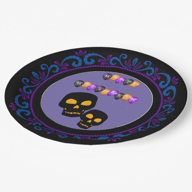 Blauer Lila Schwarzer Skulls Frohe Halloween Ballo Pappteller (Schrägansicht)